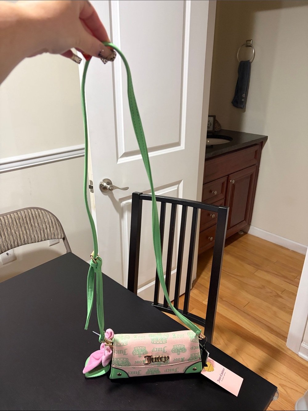 Juicy Couture light pink bag w/ light green logo Crossbody strap Brand New!